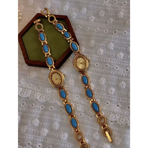 Gold And Blue French Vintage Style Unique Dainty Women’s Oval Wrist Watch Gift